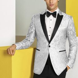 Minsky Formal Wear - Couture 1910  White Paisley "Chase" with Black Peak Lapel Tuxedo
