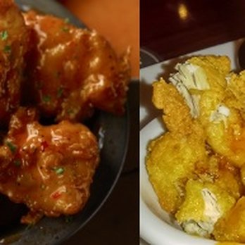 LongHorn Steakhouse - Left: LH website photo of spicy chiccken bites Right: A chopped up chicken tender they served me - Steakhouses Near Me - Jacksonville Beach, Florida LongHorn Steakhouse - Left: LH website photo of spicy chiccken bites Right: A chopped up chicken tender they served me - Steakhouses Near Me - Jacksonville Beach, Florida