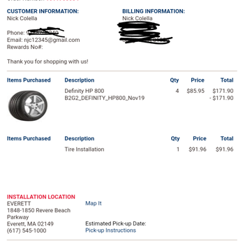 Pep Boys - Order cofirmation for tires on sale - Auto Repair Near Me - Everett, Massachusetts