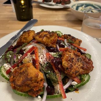 Saj - Mediterranean Salad with Pomegranate-Glazed Chicken Kabab - Mediterranean Near Me - Alpharetta, Georgia