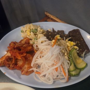 MJD Korean BBQ - Side dishes: kimchi, radish, zucchini, bean sprouts, maccaroni salad, acorn jelly - Korean Near Me - Los Angeles, California