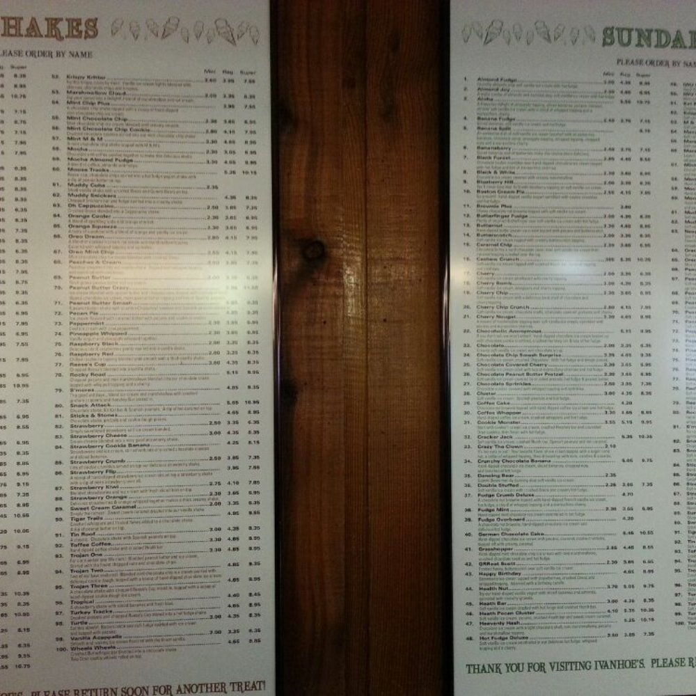 Ivanhoe's Drive In - Separate menus for shakes and sundaes! - Ice Cream & Frozen Yogurt Near Me - Upland, Indiana Ivanhoe's Drive In - Separate menus for shakes and sundaes! - Ice Cream & Frozen Yogurt Near Me - Upland, Indiana
