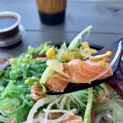 Stock and Grain Assembly Food Hall - Sitting outside at the Food Hall enjoying Yumi Sushi Yuzu Ponzu Salmon Poke Bowl and a Boba Brûlée Latte