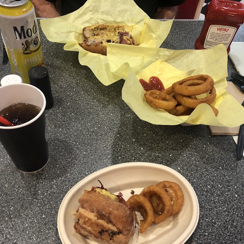 Pastrami Sandwich and Onion Rings Pastrami Sandwich and Onion Rings