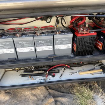 Off-Grid RV - These are the coach and starter batteries. Look at the custom wiring job. - RV Repair Near Me - Lake Elsinore, California Off-Grid RV - These are the coach and starter batteries. Look at the custom wiring job. - RV Repair Near Me - Lake Elsinore, California