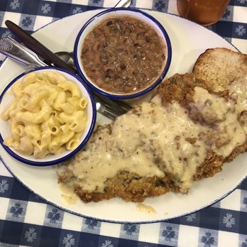 Mia's Table - Chicken Fried Steak with jalapeño gravy with a side of mac & cheese and black eyed peas. - Southern Near Me - Cypress, Texas Mia's Table - Chicken Fried Steak with jalapeño gravy with a side of mac & cheese and black eyed peas. - Southern Near Me - Cypress, Texas