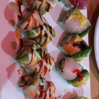 Osaka - Rainbow Roll Sushi BMW Roll (the one with sauce on it)  3 Types of Tobiko Sashimi - Sushi Bars Near Me - Manchester, New Hampshire