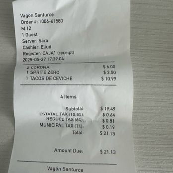 El Vagón - Receipt, pretty reasonable and really good. 17% tax! - Tex-Mex Near Me - San Juan, Puerto Rico El Vagón - Receipt, pretty reasonable and really good. 17% tax! - Tex-Mex Near Me - San Juan, Puerto Rico