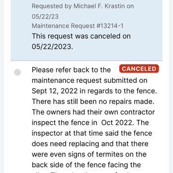 VP Realty Services - Fence repair requested since September 2022. Canceled in May 23. - Property Management Near Me