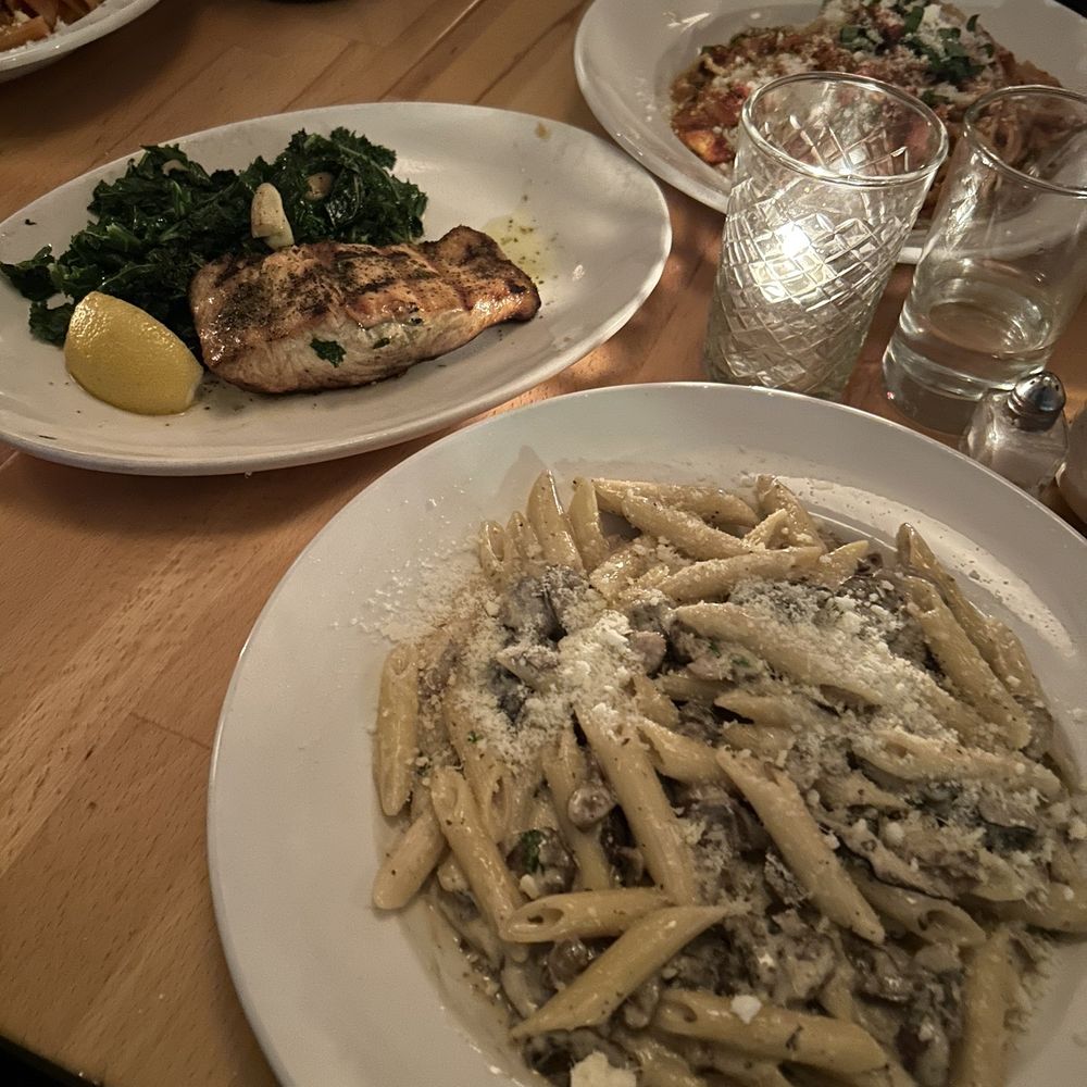 Fumo - penne funghi and the grilled salmon - Italian Near Me - New York, New York Fumo - penne funghi and the grilled salmon - Italian Near Me - New York, New York