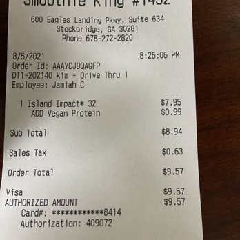 Smoothie King - Receipt, picture of poorly mixed smoothie and picture of the string found in smoothie - Juice Bars & Smoothies Near Me - Stockbridge, Georgia