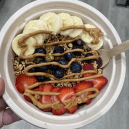 Açaí ("ah-sigh-ee) bowl with peanut butter. Açaí ("ah-sigh-ee) bowl with peanut butter.