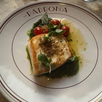 La Padrona Boston - SEARED HALIBUT Braised tomatoes, basil pesto, lemon - Cocktail Bars Near Me - Boston, Massachusetts La Padrona Boston - SEARED HALIBUT Braised tomatoes, basil pesto, lemon - Cocktail Bars Near Me - Boston, Massachusetts