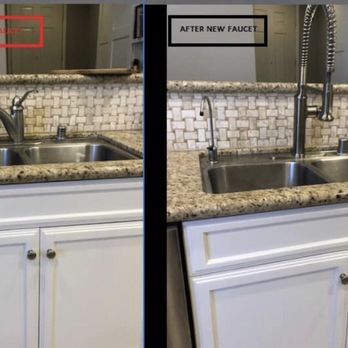 DTS Restoration and Repairs - Kitchen (left pic is before) before and after granite crack repair and faucet replacement. - Damage Restoration Near Me
