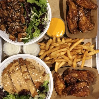 10Q Chicken - Korean and Kangnan style wings, chicken katsu bowl, Korean bbq bowl and fries are depicted. - Chicken Shop Near Me - Evanston, Illinois 10Q Chicken - Korean and Kangnan style wings, chicken katsu bowl, Korean bbq bowl and fries are depicted. - Chicken Shop Near Me - Evanston, Illinois