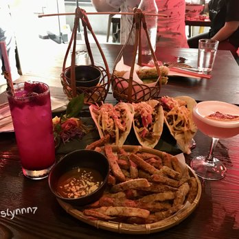 Dzo Viet Eatery - Spring Roll (back), Lemongrass Port Taco (middle), Taro Fries (front) - all tasted great - Vietnamese Near Me - Toronto, Ontario