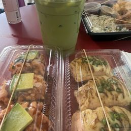 Seared garlic salmon nigiri, spicy ahi crispy rice nigiri and banana matcha Seared garlic salmon nigiri, spicy ahi crispy rice nigiri and banana matcha