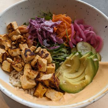 LB Kitchen - The LB Bowl (brown rice, pickled veg, kimchi, avocado, miso slaw, greens, chili sauce, sriracha mayo, add sweet chili tofu for an upcharge). - Cafes Near Me - Portland, Maine