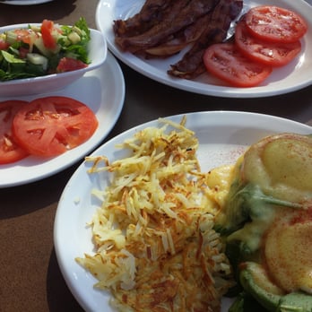 Breakers Breakfast, Brunch & Lunch - Eggs Florence with a marinated salad and bacon on the side. So yummy - Breakfast & Brunch Near Me - Pacifica, California