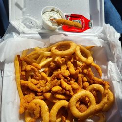 Quik Snak - Double clam order with fries & slaw $13.49. Exchange slaw for onion wings for $2 more. Clams great - not overcooked.