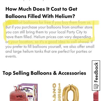 Party City - Website description stating you can bring balloons from another store to get filled with helium for a cost - Party Supplies Near Me - Owings Mills, Maryland