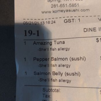 Komeya - Best handling of allergies,!! They mark everything with shellfish allergy and make sure to clean surfaces and check your rolls. - Sushi Bars Near Me - Spring, Texas