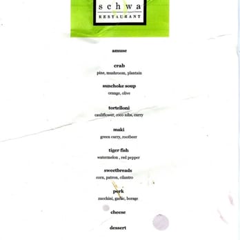 Schwa - menu - 10/23/09 - mmmmmm! we were very "interactive" with our menu ehh. - New American Near Me - Chicago, Illinois Schwa - menu - 10/23/09 - mmmmmm! we were very "interactive" with our menu ehh. - New American Near Me - Chicago, Illinois