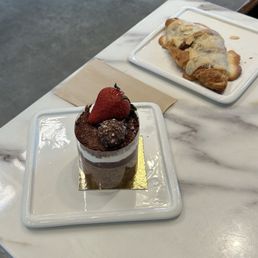 Black Forest cake and breakfast croissant