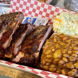 Durham’s Pit BBQ - Ribs, baked beans, and slaw