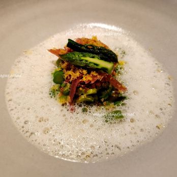 The Elderberry House - 2024 Jun 27: asparagus salad (parmesan, prosciutto, cured egg yolk) - French Near Me - Oakhurst, California