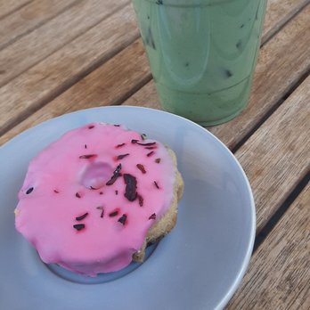 Little Bear Coffee - Lemon lavender  iced matcha tea & a hibiscus donut - Coffee & Tea Near Me - Albuquerque, New Mexico