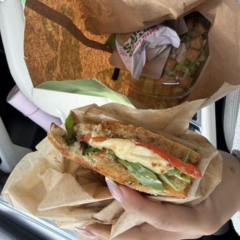 Panera Bread - Half toasted Caprese Focaccia  Half Caesar Salad with chicken  Chips - Sandwiches Near Me - Lancaster, Pennsylvania