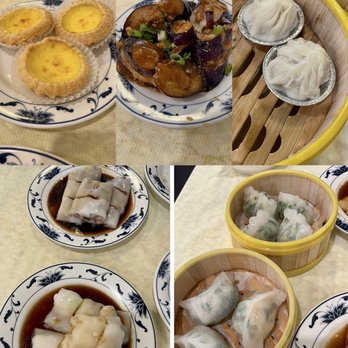 Cheung Hing - Egg Tart, shrimp eggplant, Xiao long bao, bbq pork/scallop & yellow chive rice noodle roll, shrimp/spinach & shrimp/chive dumpling. - Dim Sum Near Me - Belmont, California