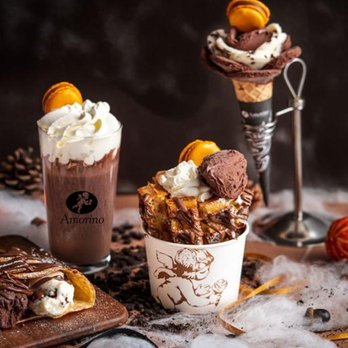 Amorino - a chocolate ice cream sundae, a cup of coffee, and a cookie - Desserts Near Me - Dallas, Texas