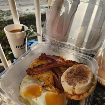 Metro Diner - Daughter's 2 egg breakfast with bacon strips, hashbrowns, and English muffin. Plus coffee. - Breakfast & Brunch Near Me - Jacksonville Beach, Florida