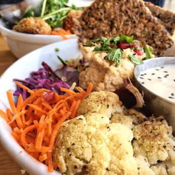 Kupfert & Kim - Roasted Cauliflower, hummus, shredded carrots, beets, seed crackers, and tahini sauce - Gluten-Free Near Me - Toronto, Ontario Kupfert & Kim - Roasted Cauliflower, hummus, shredded carrots, beets, seed crackers, and tahini sauce - Gluten-Free Near Me - Toronto, Ontario