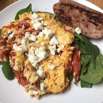 Bits Cafe - Eggs with roasted tomatoes and goat cheese on spinach with chicken sausage! - Coffee & Tea Near Me - Olympia, Washington Bits Cafe - Eggs with roasted tomatoes and goat cheese on spinach with chicken sausage! - Coffee & Tea Near Me - Olympia, Washington