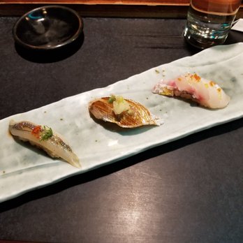 Cafe Sushi Shoten - Course 2 was 3 pieces of Nigiri Sushi. (Left to Right) 1 Piece of a type of Beakfish topped with a Chili Pepper thing...(more in my review) - Japanese Near Me - Cambridge, Massachusetts Cafe Sushi Shoten - Course 2 was 3 pieces of Nigiri Sushi. (Left to Right) 1 Piece of a type of Beakfish topped with a Chili Pepper thing...(more in my review) - Japanese Near Me - Cambridge, Massachusetts