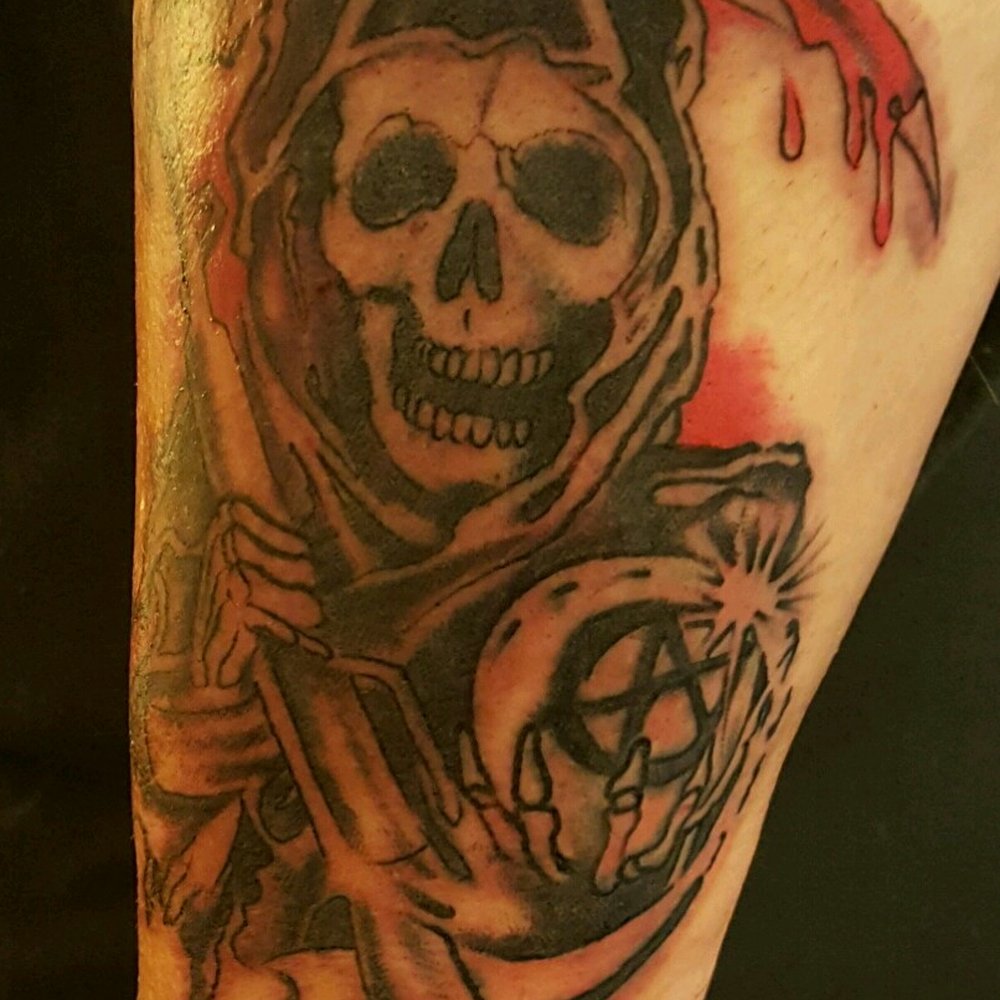 Signature logo Reaper from the epic FX TV series "Sons of Anarchy". Based on the brotherhood of an outlaw Motorcycle Club Signature logo Reaper from the epic FX TV series "Sons of Anarchy". Based on the brotherhood of an outlaw Motorcycle Club