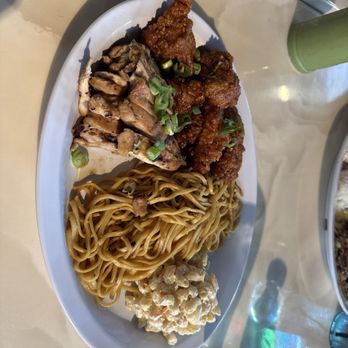 Moa Kai Hawaiian Diner - Mixed Plate: Shoyu Chicken, and Forean Fried chicken. Mac salad and subbed the white rice for garlic fried noodles - Hawaiian Near Me - Orlando, Florida