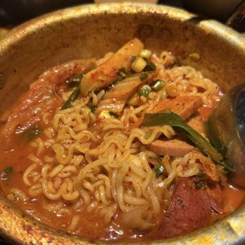 Jincook - 부대찌개 / Boo Dae Jji Gae (Military Soup) (after initial mix, hardly no soup) - Korean Near Me - Yorba Linda, California Jincook - 부대찌개 / Boo Dae Jji Gae (Military Soup) (after initial mix, hardly no soup) - Korean Near Me - Yorba Linda, California