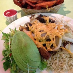 The root on rice with sweet potato fries and ketchup!