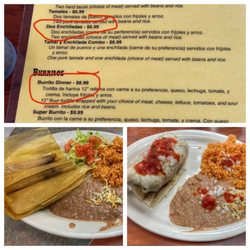 La Mexicana - Tamales meal with rice and beans and a burrito dinner with rice and beans.