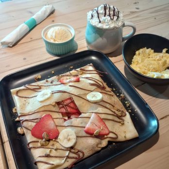 Saffrano Crepes - Buenos Aires Crepe served with a side of vanilla ice cream, mocha coffee and a side of scrambled eggs all equals DELICIOUSNESS !!! - Creperies Near Me - Plantation, Florida Saffrano Crepes - Buenos Aires Crepe served with a side of vanilla ice cream, mocha coffee and a side of scrambled eggs all equals DELICIOUSNESS !!! - Creperies Near Me - Plantation, Florida