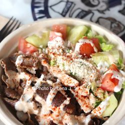 Nick The Greek - Beef/Lamb Gyro Bowl ($12.50) - with basmati rice, lettuce, onions, tomatoes, cucumbers, feta cheese, tzatziki, spicy yogurt