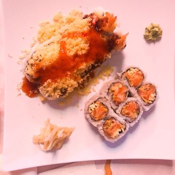 Kim's Sushi - West Orange roll on top left, Spicy salmon on bottom right - Sushi Bars Near Me - West Orange, New Jersey