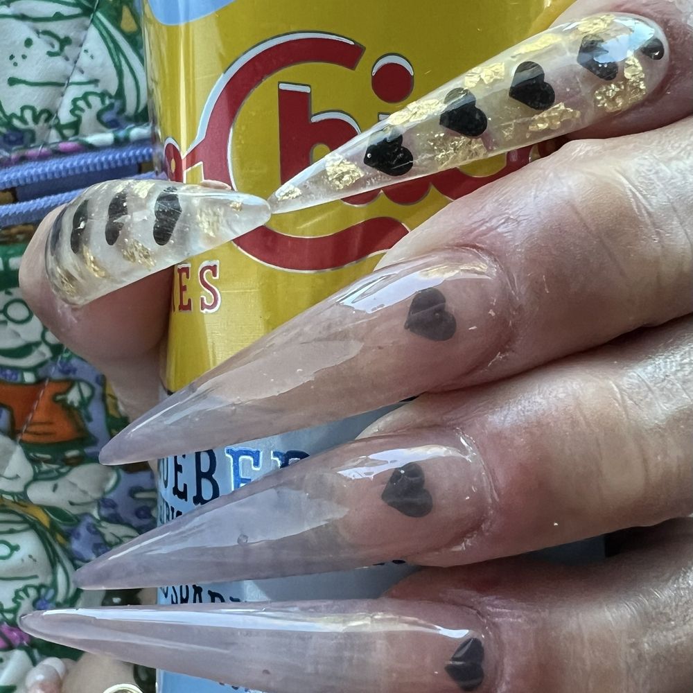 Moon Nails - Black hearts, gold flakes. Color is hue nude and clear coat on gold with hearts. - Nail Salons Near Me - Downey, California