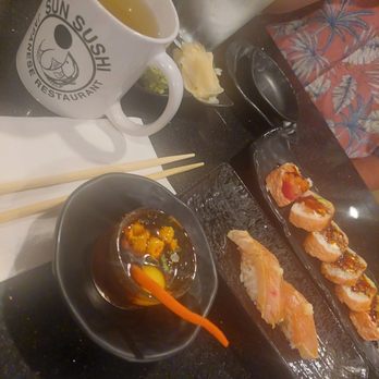 Sun Sushi - Green tea, Uni shooter,Albacore Sushi, State roll w / soy sushi wrap. Fresh seafood - Japanese Near Me - Santa Barbara, California
