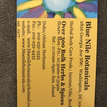 Blue Nile Botanicals - Their business card with the hours of operation and address. - Herbs & Spices Near Me - Washington, DC, District of Columbia