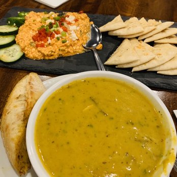 JavaVino - Chicken Curry soup in front. Spicy Feta Dip in back. - Wine Bars Near Me - La Crosse, Wisconsin